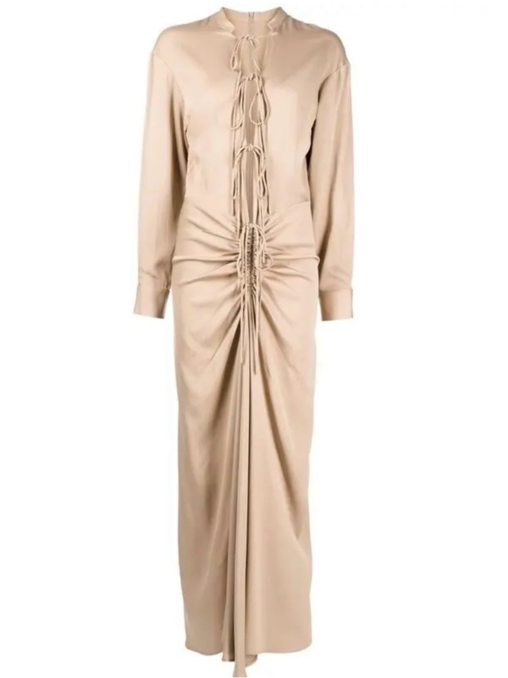 Beige Long-Sleeve Ruched Tie-Front Maxi Dress - christopher_esber